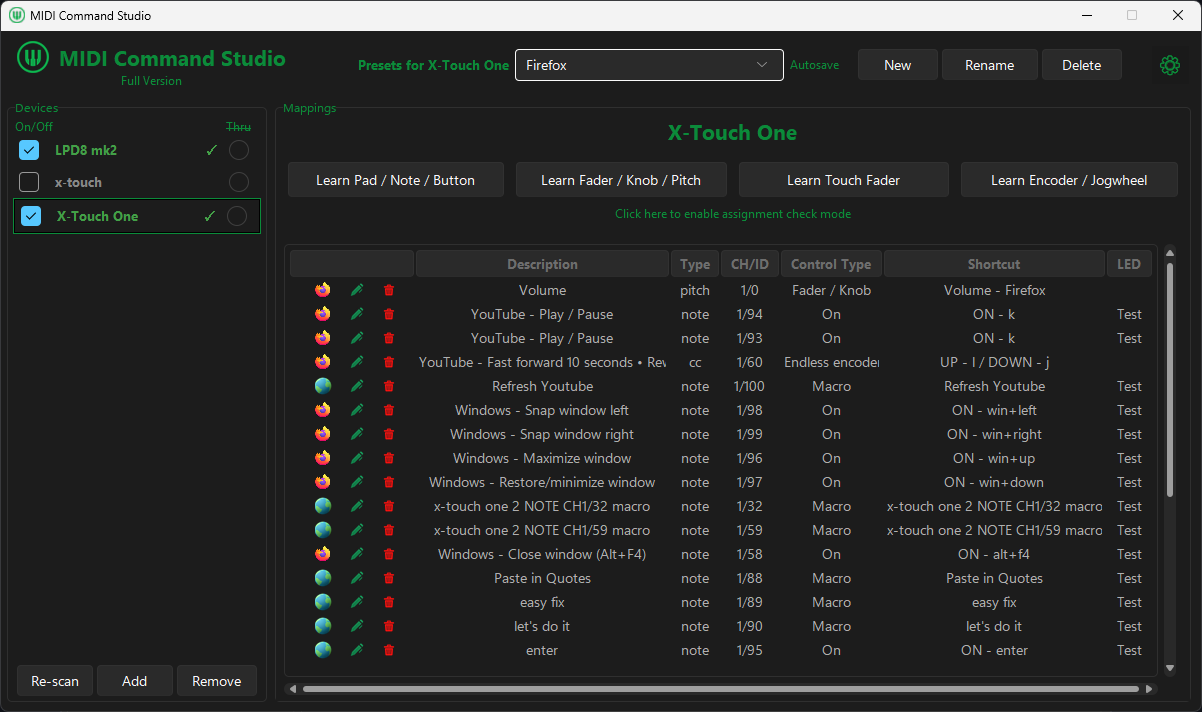 MIDI Command Studio preset mapped for browser controls, Windows shortcuts, macros and app volume