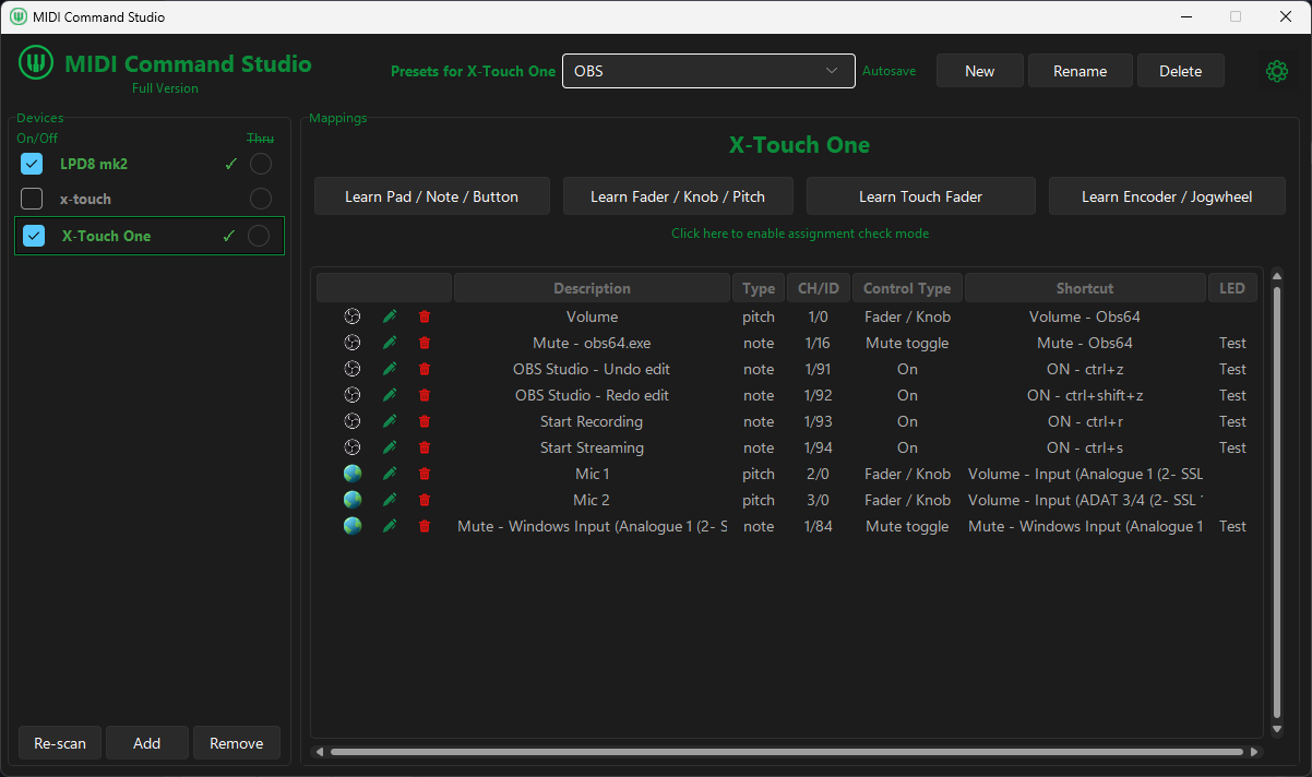 MIDI Command Studio preset for recording, streaming and audio controls