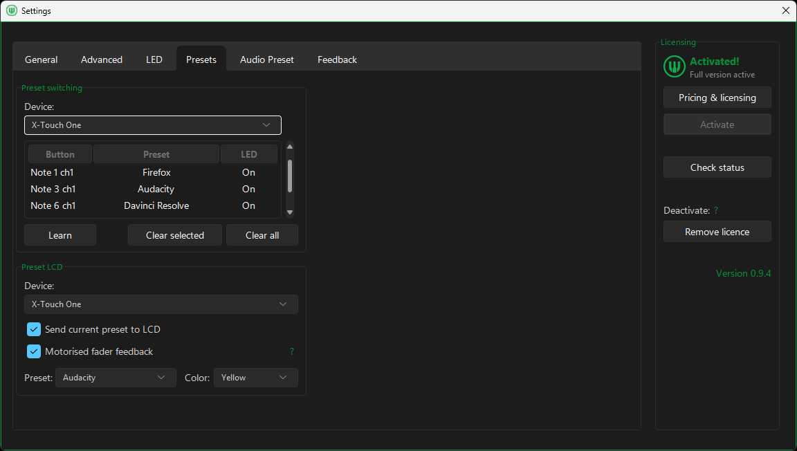 Settings window showing preset switching, controller display feedback and licensing controls