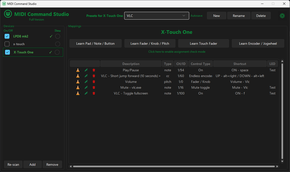 MIDI Command Studio preset for play, pause, jump, fullscreen, mute and app volume control